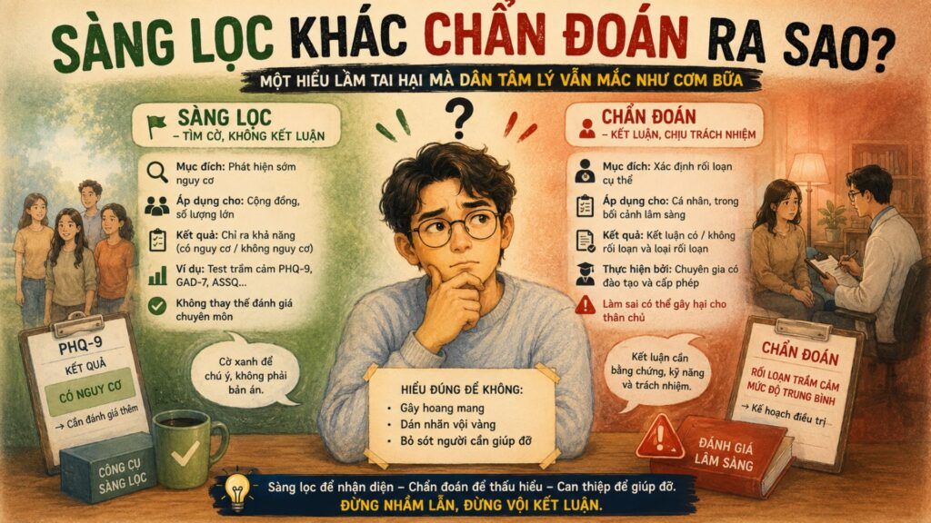Sàng lọc khác chẩn đoán ra sao? Một hiểu lầm tai hại mà dân tâm lý vẫn mắc như cơm bữa
